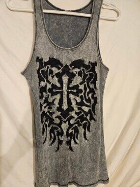 Embellished Gray Tank Top with Black Applique Design